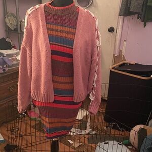 Gianni Bini striped multicolor long sleeve dress with pink Aeropostale lace ribb